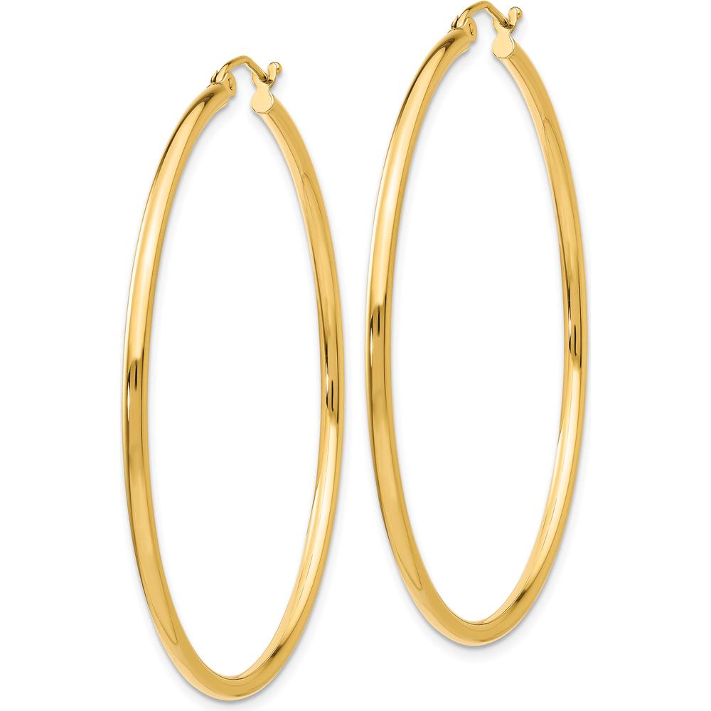 10K Yellow Gold Polished 2mm Lightweight Tube Hoop Earrings - 50mm Length