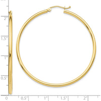 10K Yellow Gold Polished 2mm Lightweight Tube Hoop Earrings - 50mm Length