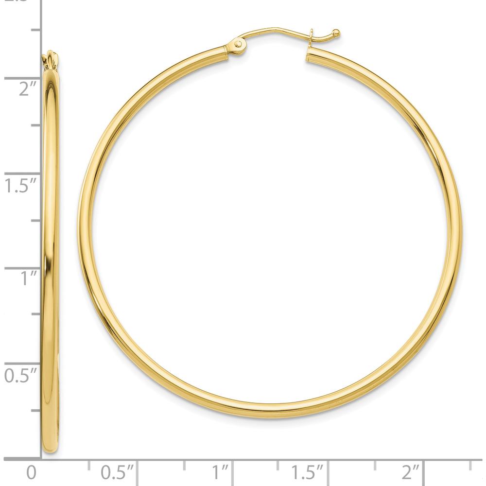 10K Yellow Gold Polished 2mm Lightweight Tube Hoop Earrings - 50mm Length