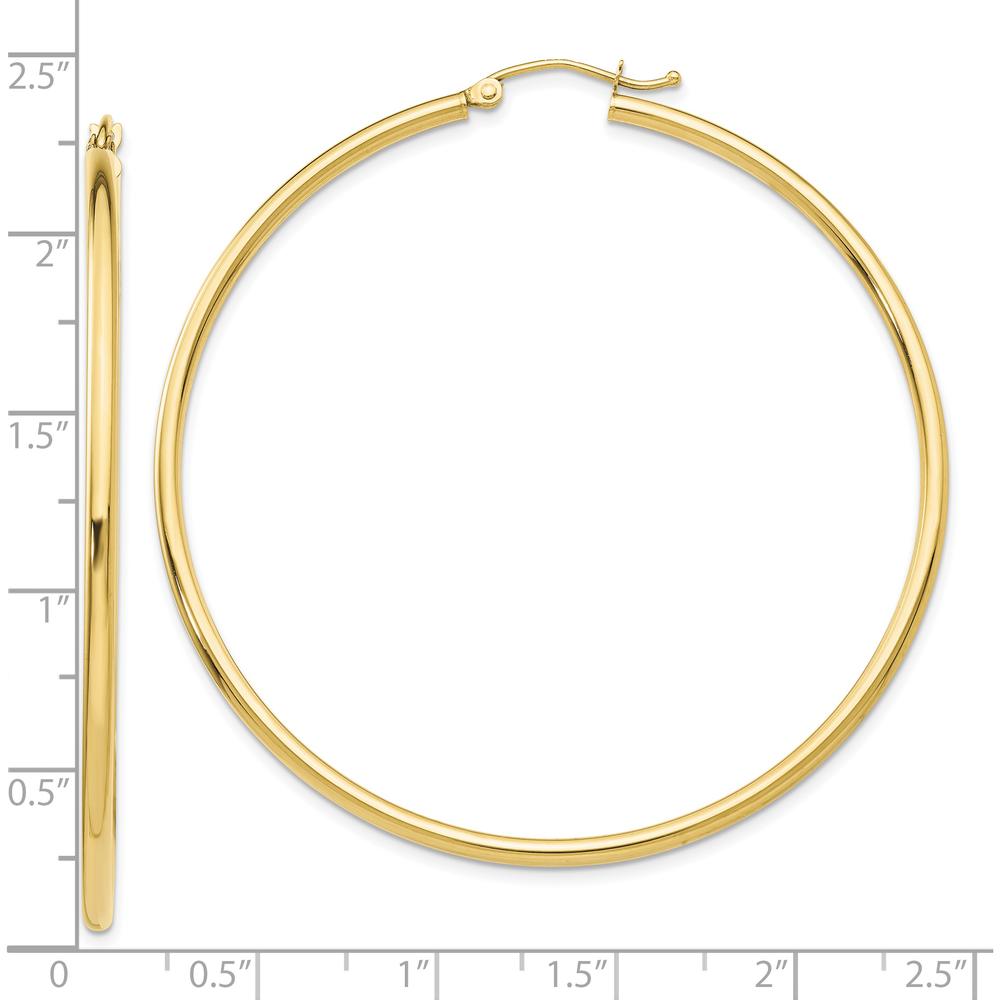10K Yellow Gold Polished 2mm Lightweight Tube Hoop Earrings - 55mm