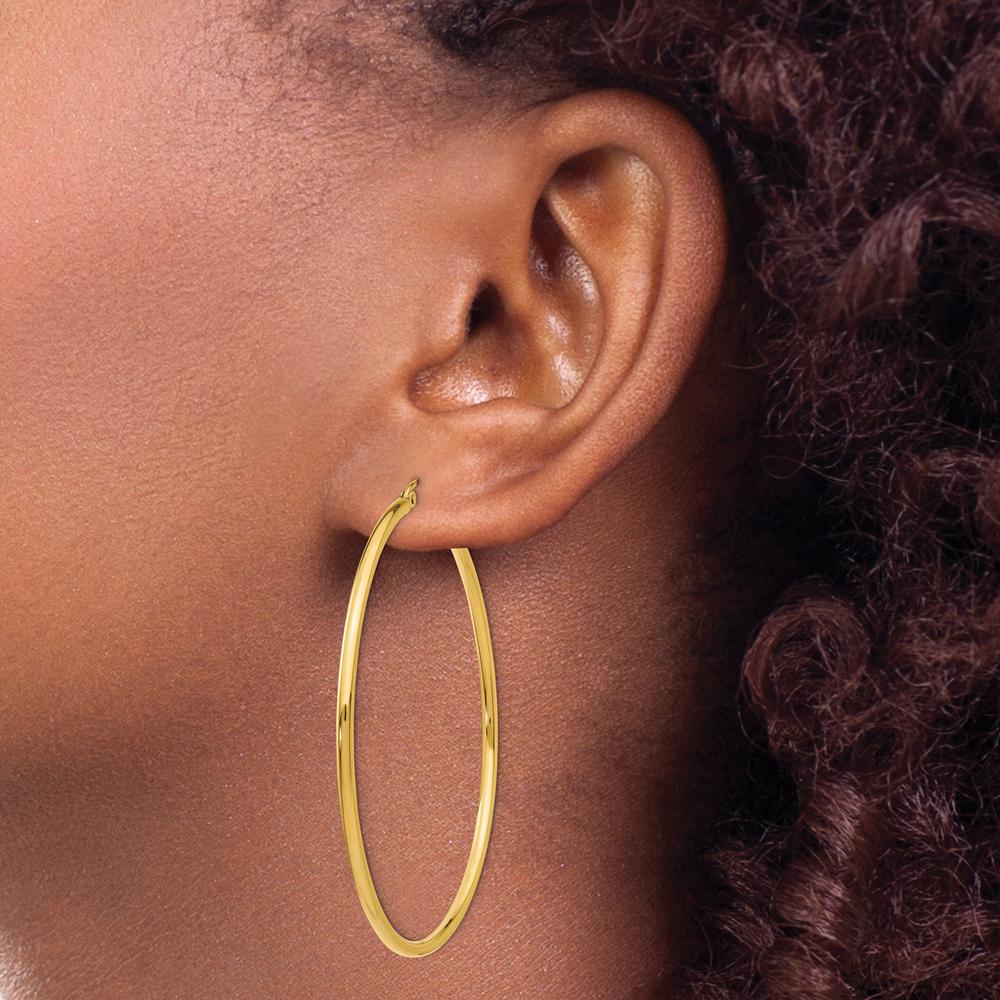 10K Yellow Gold Polished 2mm Lightweight Tube Hoop Earrings - 55mm