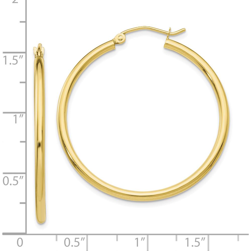 10K Yellow Gold Polished 2mm Tube Hoop Earrings - 31mm Length
