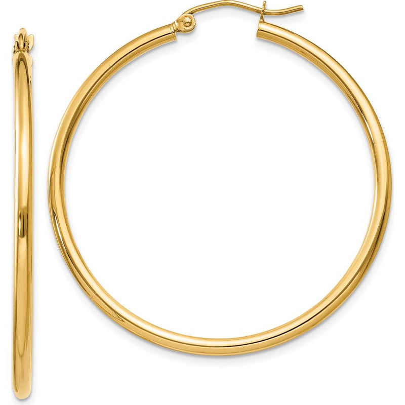 10K Yellow Gold Polished 2mm Tube Hoop Earrings - 37mm Length, 39.9mm Width