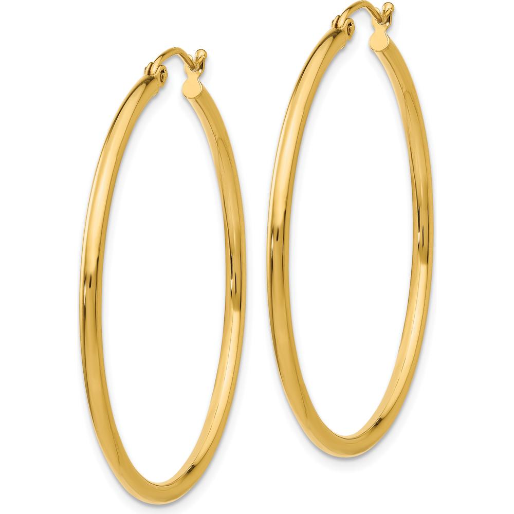 10K Yellow Gold Polished 2mm Tube Hoop Earrings - 37mm Length, 39.9mm Width