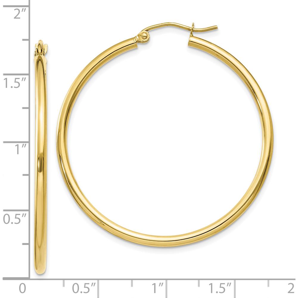 10K Yellow Gold Polished 2mm Tube Hoop Earrings - 37mm Length, 39.9mm Width