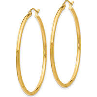 10K Yellow Gold Polished 2mm Tube Hoop Earrings - 42mm Length