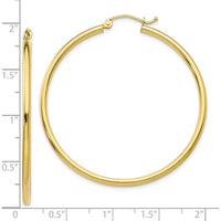 10K Yellow Gold Polished 2mm Tube Hoop Earrings - 42mm Length