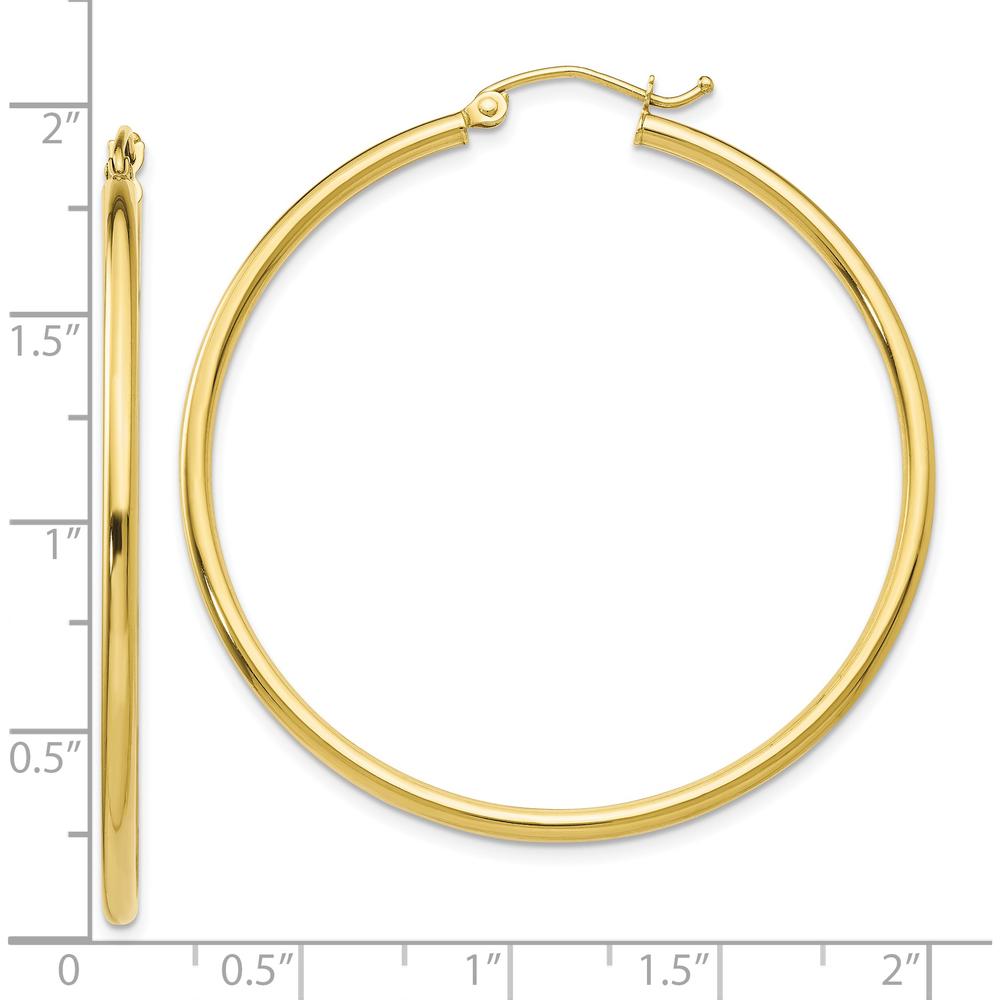 10K Yellow Gold Polished 2mm Tube Hoop Earrings - 42mm Length