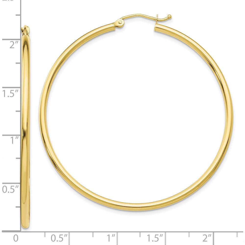 10K Yellow Gold Polished 2mm Tube Hoop Earrings - 49mm Length