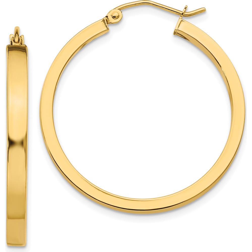 10K Yellow Gold Polished 2x3mm Square Tube Hoop Earrings - 30mm Length