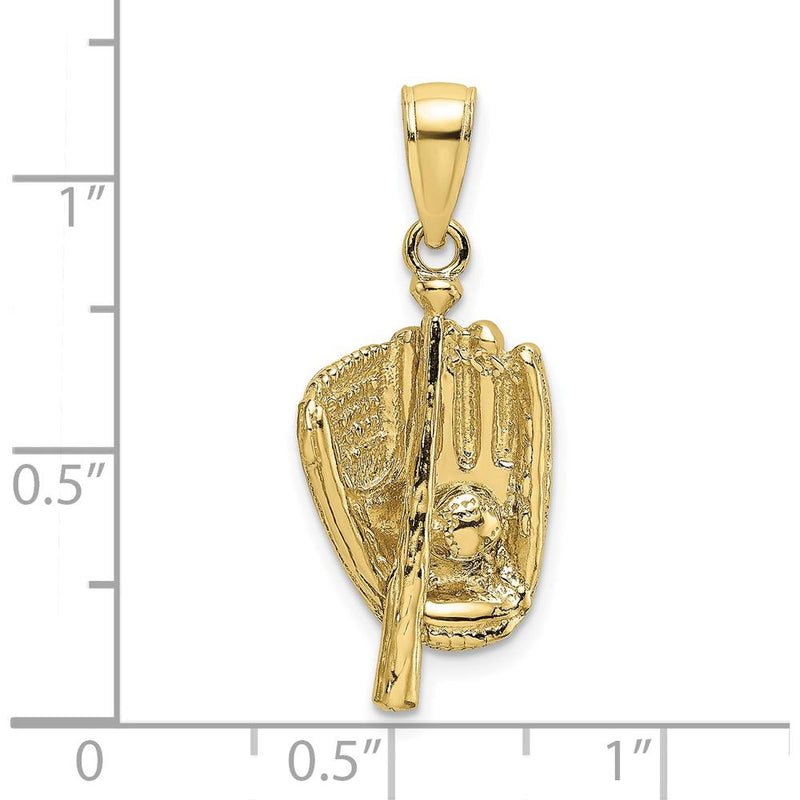 10K Yellow Gold Polished 3D Baseball Glove, Bat, and Ball Charm - 16.5mm Length