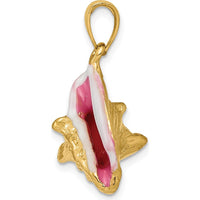 10K Yellow Gold Polished 3D Pink & White Enamel Conch Shell Pendant - Coastal Beach Jewelry