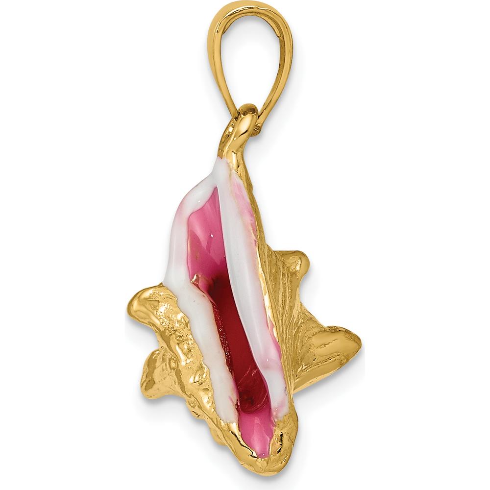 10K Yellow Gold Polished 3D Pink & White Enamel Conch Shell Pendant - Coastal Beach Jewelry