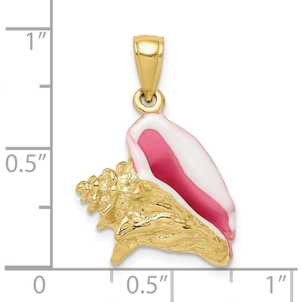 10K Yellow Gold Polished 3D Pink & White Enamel Conch Shell Pendant - Coastal Beach Jewelry
