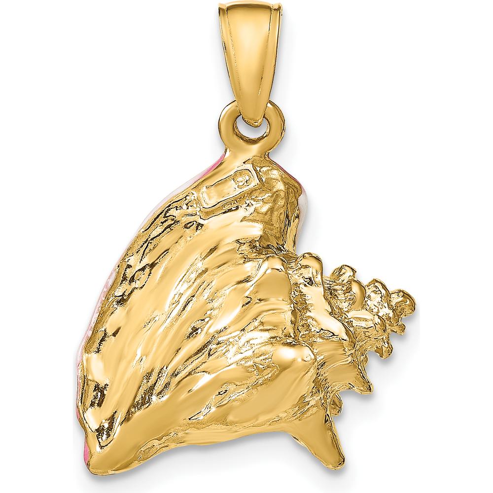 10K Yellow Gold Polished 3D Pink & White Enamel Conch Shell Pendant - Coastal Beach Jewelry