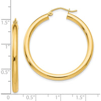 10K Yellow Gold Polished 3mm Lightweight Tube Hoop Earrings - 35mm Length