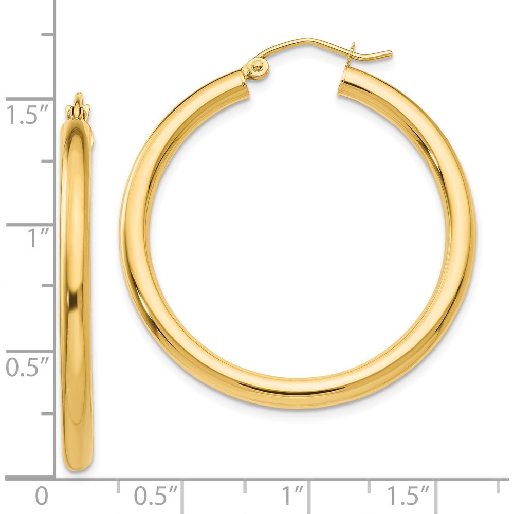10K Yellow Gold Polished 3mm Lightweight Tube Hoop Earrings - 35mm Length
