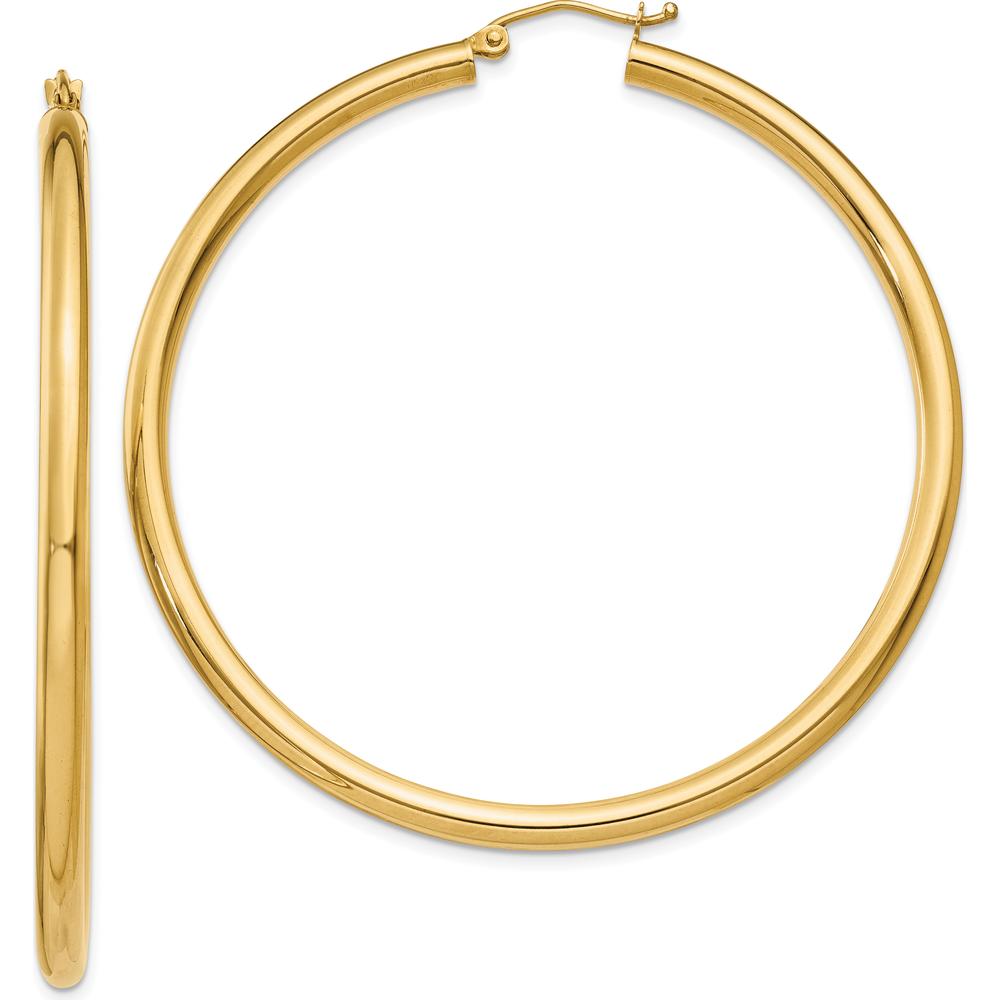 10K Yellow Gold Polished 3mm Lightweight Tube Hoop Earrings - 55mm Length