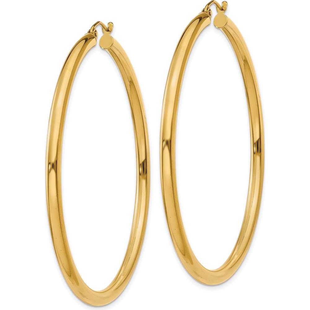 10K Yellow Gold Polished 3mm Lightweight Tube Hoop Earrings - 55mm Length
