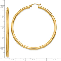10K Yellow Gold Polished 3mm Lightweight Tube Hoop Earrings - 55mm Length
