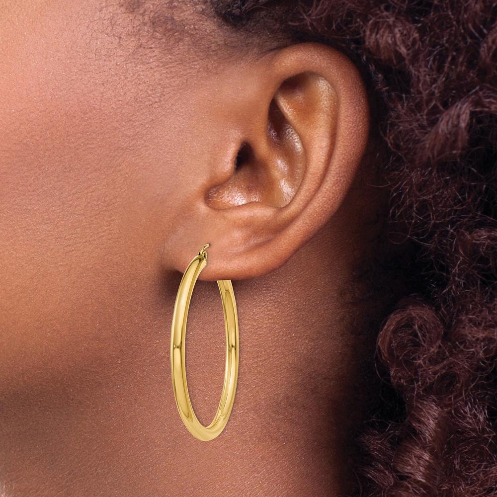 10K Yellow Gold Polished 3mm Tube Hoop Earrings - 35mm Length
