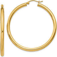 10K Yellow Gold Polished 3mm Tube Hoop Earrings - 40mm Length