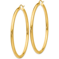 10K Yellow Gold Polished 3mm Tube Hoop Earrings - 50mm Length