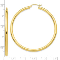 10K Yellow Gold Polished 3mm Tube Hoop Earrings - 50mm Length