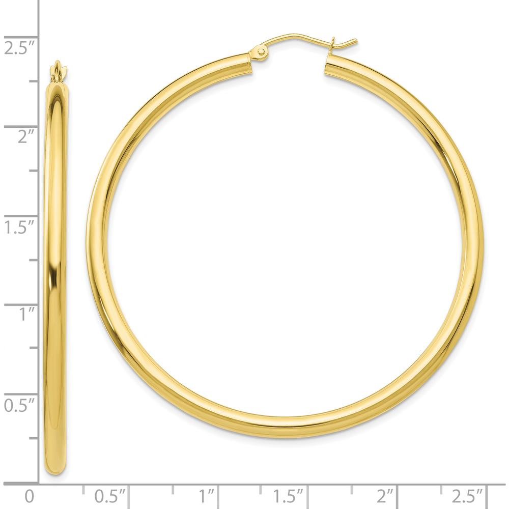 10K Yellow Gold Polished 3mm Tube Hoop Earrings - 50mm Length