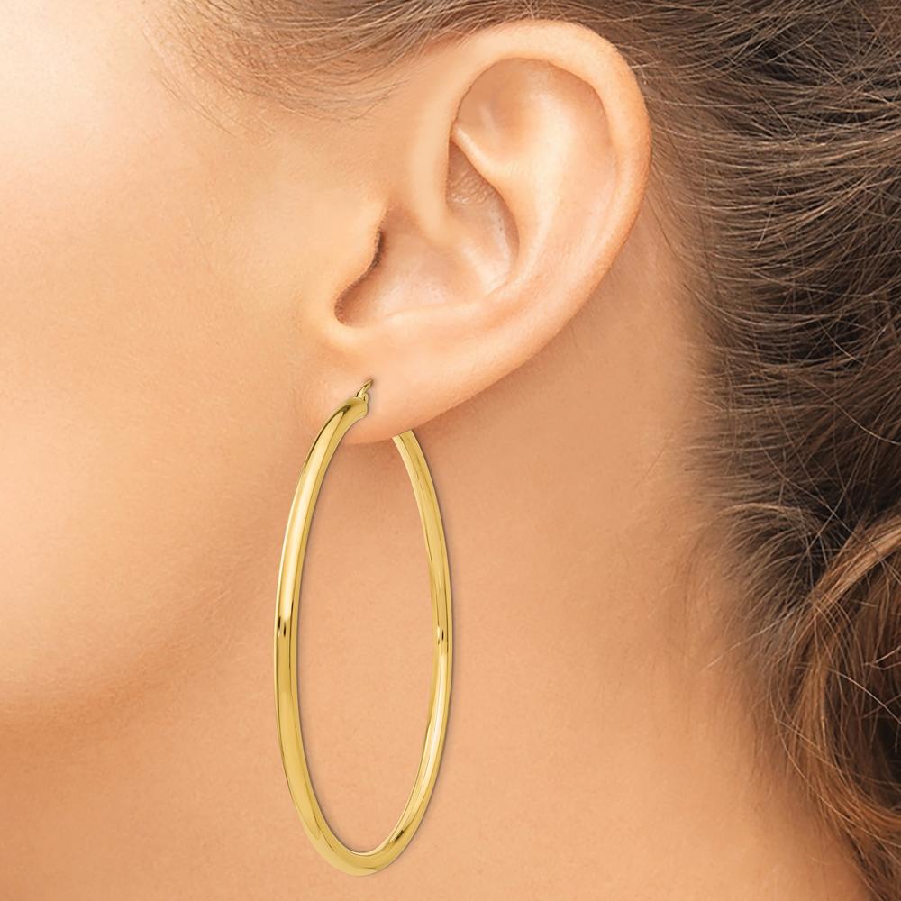 10K Yellow Gold Polished 3mm Tube Hoop Earrings - 60mm Length