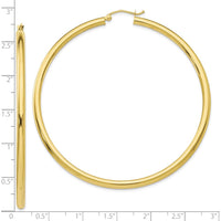 10K Yellow Gold Polished 3mm Tube Hoop Earrings - 60mm Length