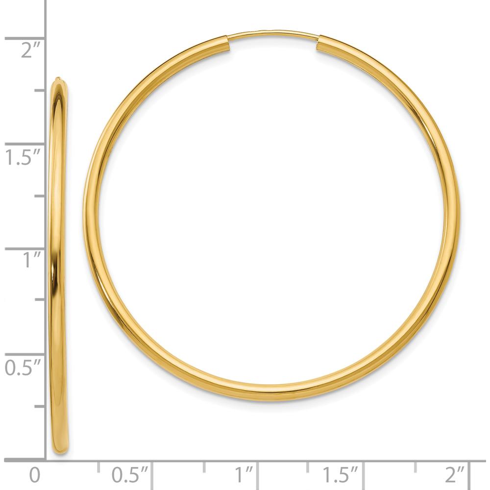 10K Yellow Gold Polished 45mm Large Endless Hoop Earrings - 2mm Thick