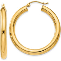 10K Yellow Gold Polished 4mm Lightweight Tube Hoop Earrings - 35mm Length