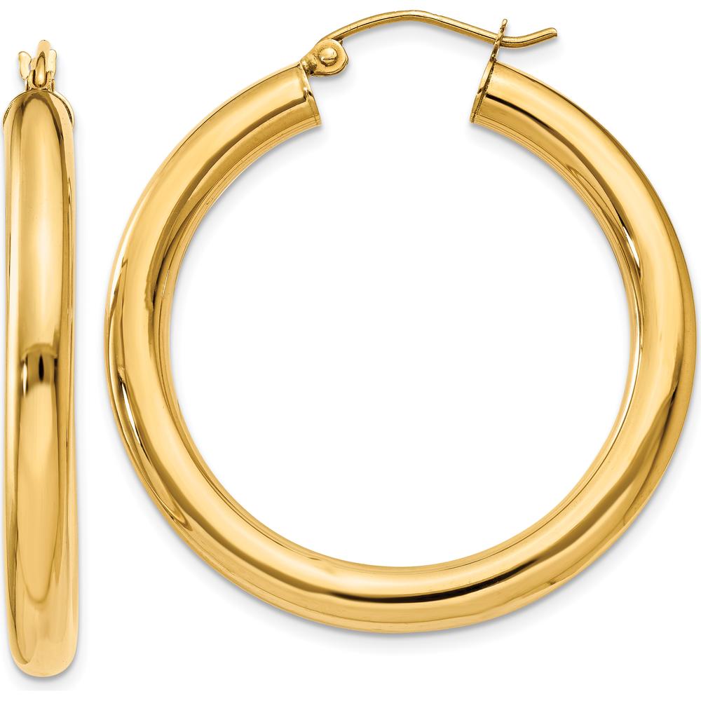 10K Yellow Gold Polished 4mm Lightweight Tube Hoop Earrings - 35mm Length