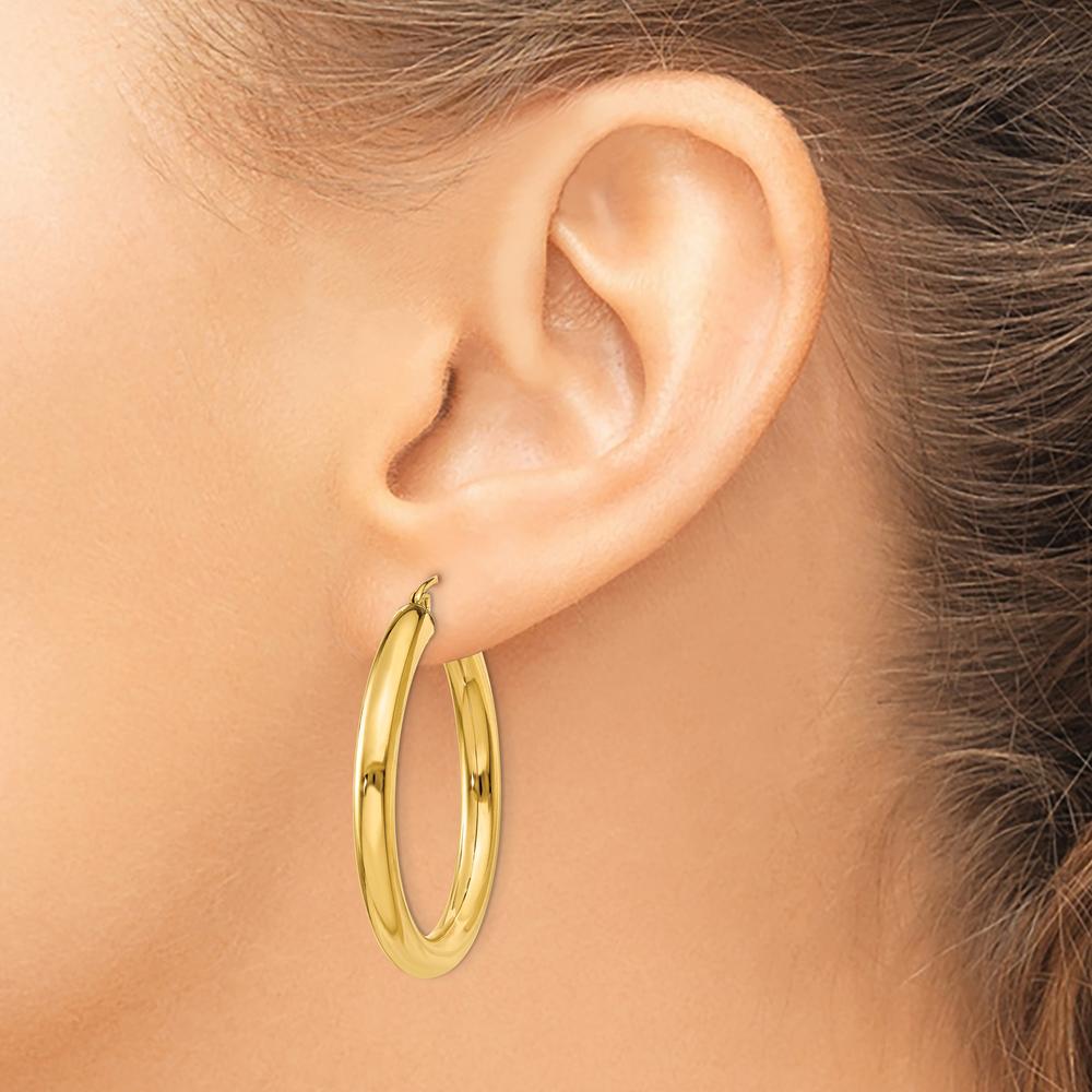 10K Yellow Gold Polished 4mm Lightweight Tube Hoop Earrings - 35mm Length
