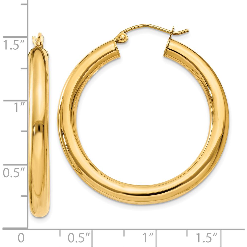 10K Yellow Gold Polished 4mm Lightweight Tube Hoop Earrings - 35mm Length