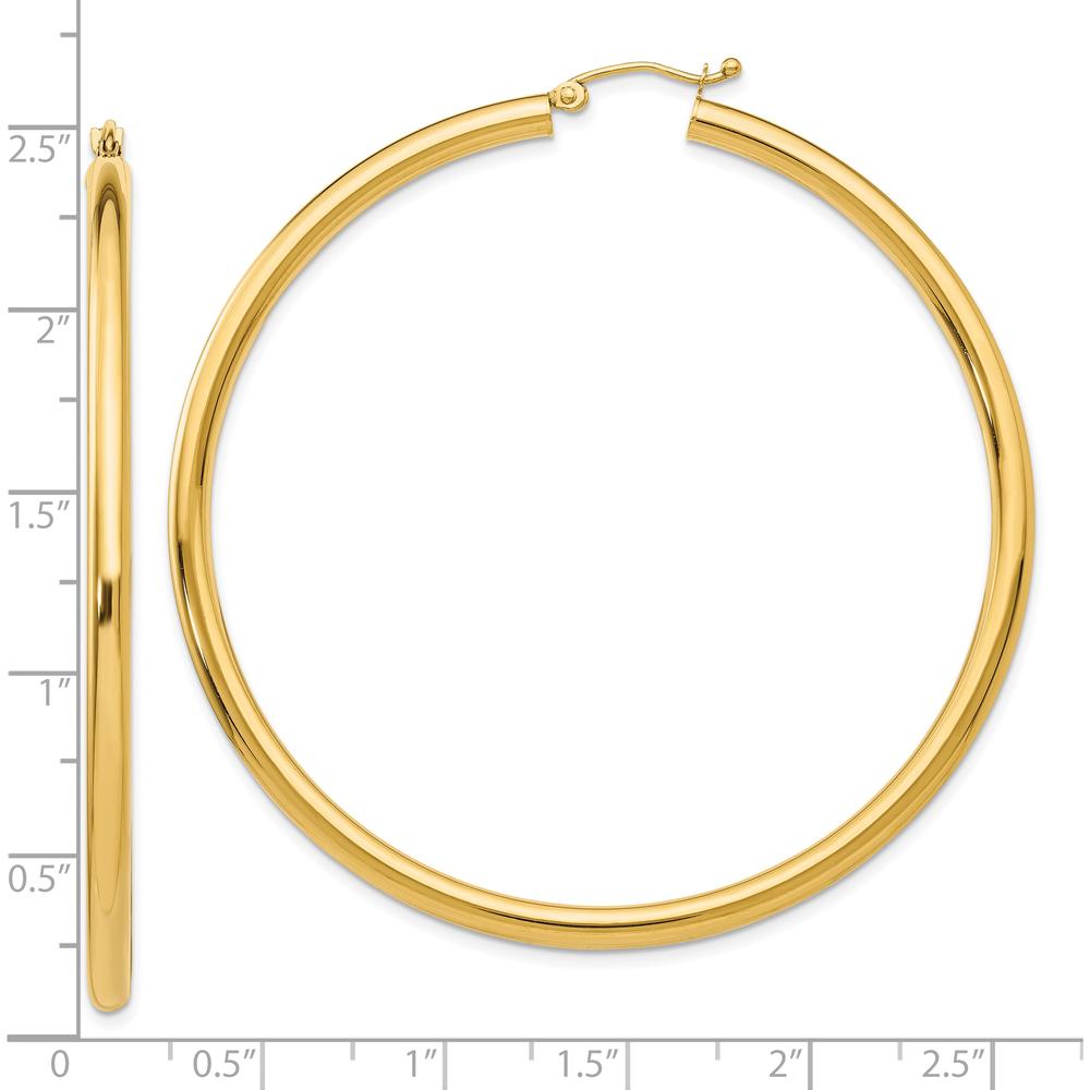 10K Yellow Gold Polished 60mm Lightweight 3mm Tube Hoop Earrings