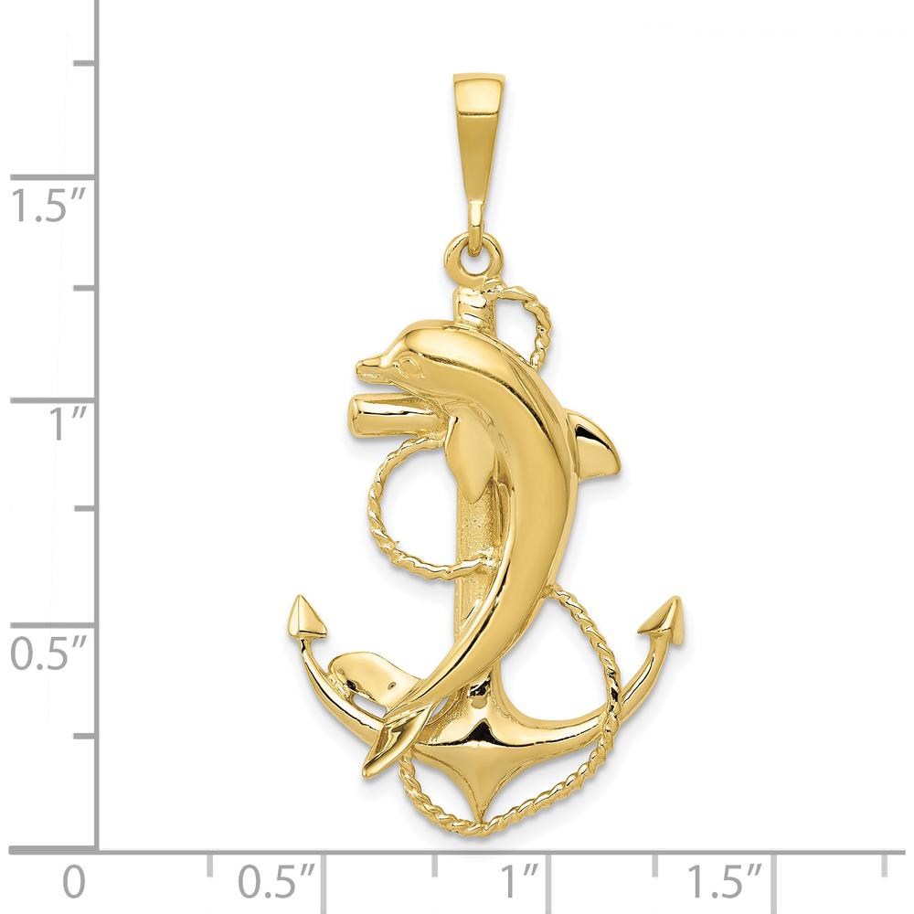 10K Yellow Gold Polished Anchor with Dolphin Pendant - 44mm x 23mm