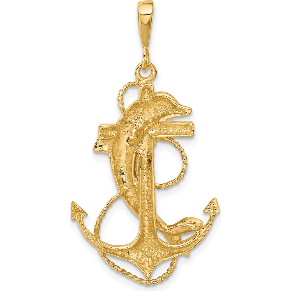 10K Yellow Gold Polished Anchor with Dolphin Pendant - 44mm x 23mm