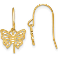 10K Yellow Gold Polished and Diamond-Cut Butterfly Dangle Earrings with French Wire Closure - 17mm Length