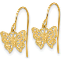 10K Yellow Gold Polished and Diamond-Cut Butterfly Dangle Earrings with French Wire Closure - 17mm Length