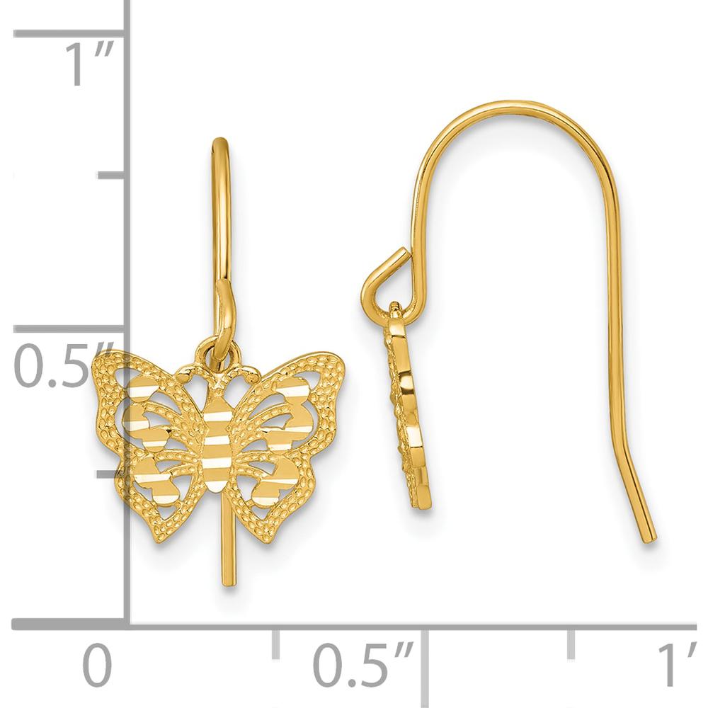 10K Yellow Gold Polished and Diamond-Cut Butterfly Dangle Earrings with French Wire Closure - 17mm Length