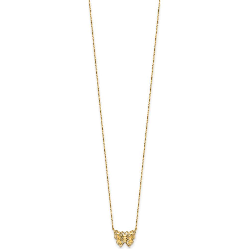 10K Yellow Gold Polished and Diamond-Cut Butterfly Pendant Necklace with 2" Extension