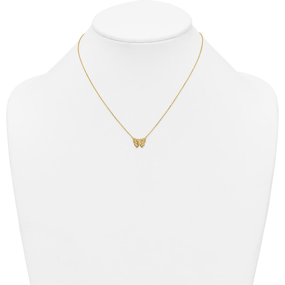 10K Yellow Gold Polished and Diamond-Cut Butterfly Pendant Necklace with 2" Extension