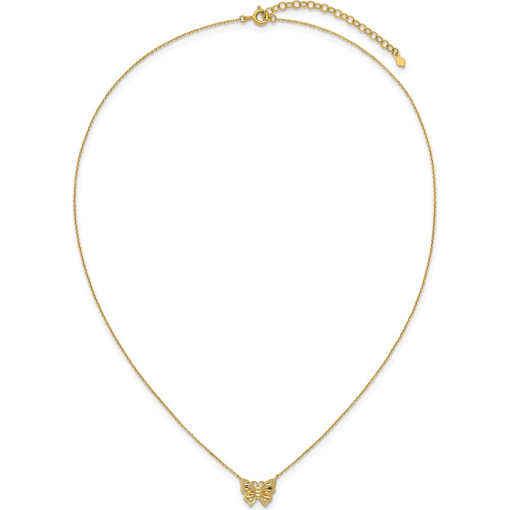 10K Yellow Gold Polished and Diamond-Cut Butterfly Pendant Necklace with 2" Extension