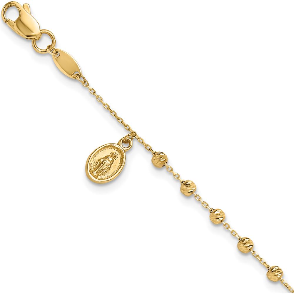 10K Yellow Gold Polished and Diamond-Cut Miraculous Medal Cross Rosary Bracelet - 7.5" Length