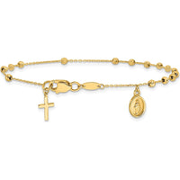 10K Yellow Gold Polished and Diamond-Cut Miraculous Medal Cross Rosary Bracelet - 7.5" Length
