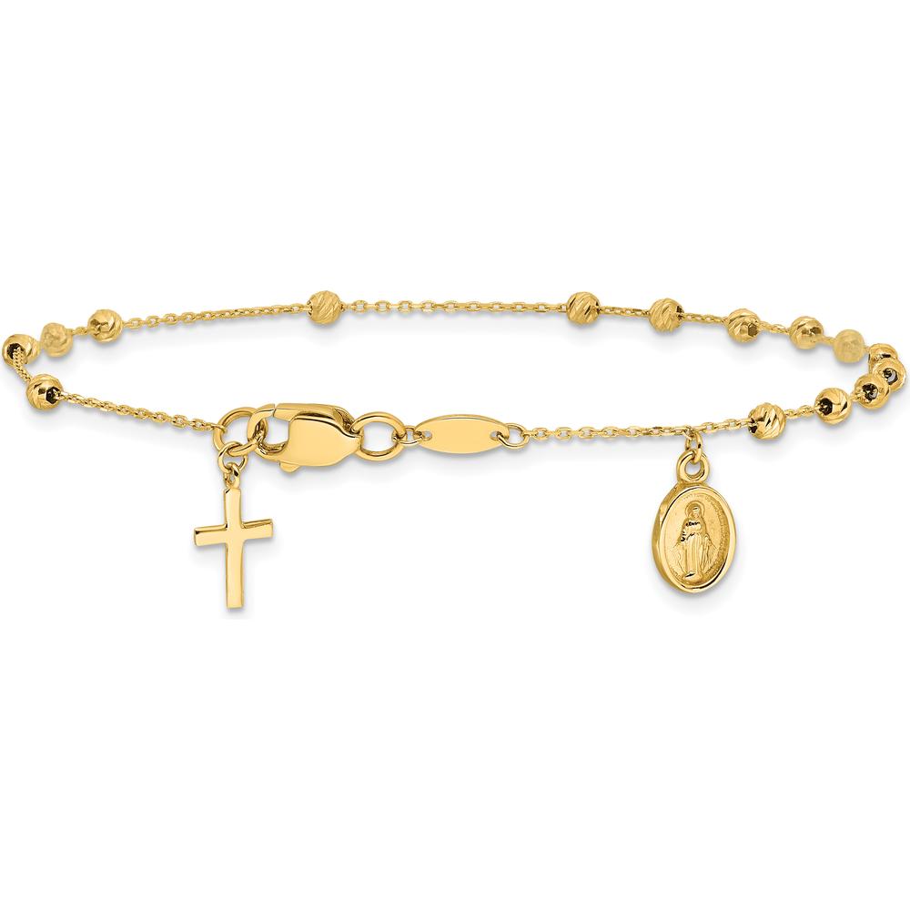 10K Yellow Gold Polished and Diamond-Cut Miraculous Medal Cross Rosary Bracelet - 7.5" Length