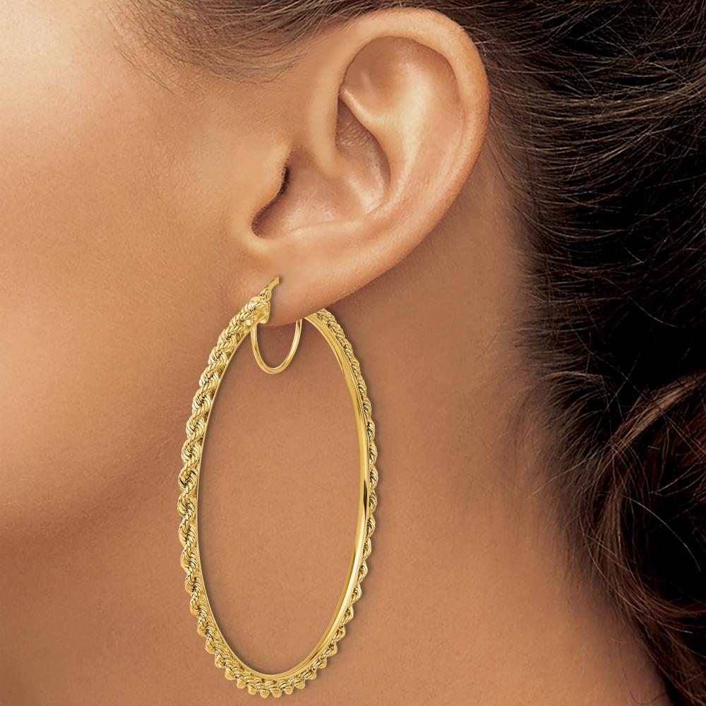 10K Yellow Gold Polished and Diamond-Cut Rope Large Hoop Earrings - 2.95mm Width