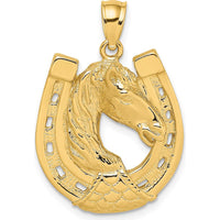 10K Yellow Gold Polished and Engraved Horse Head in Horseshoe Charm